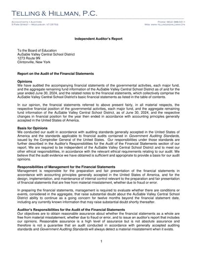 Ausable Valley Central School District ACFR Cover