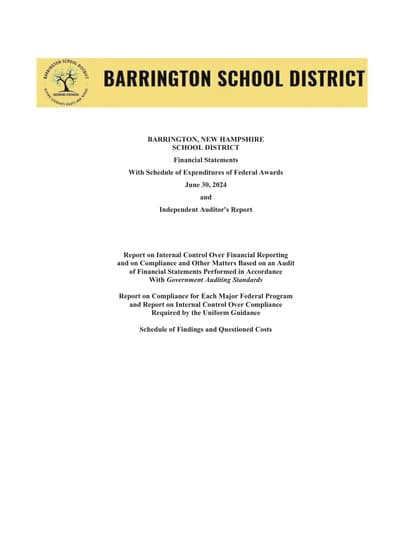 Barrington, New Hampshire School District ACFR Cover